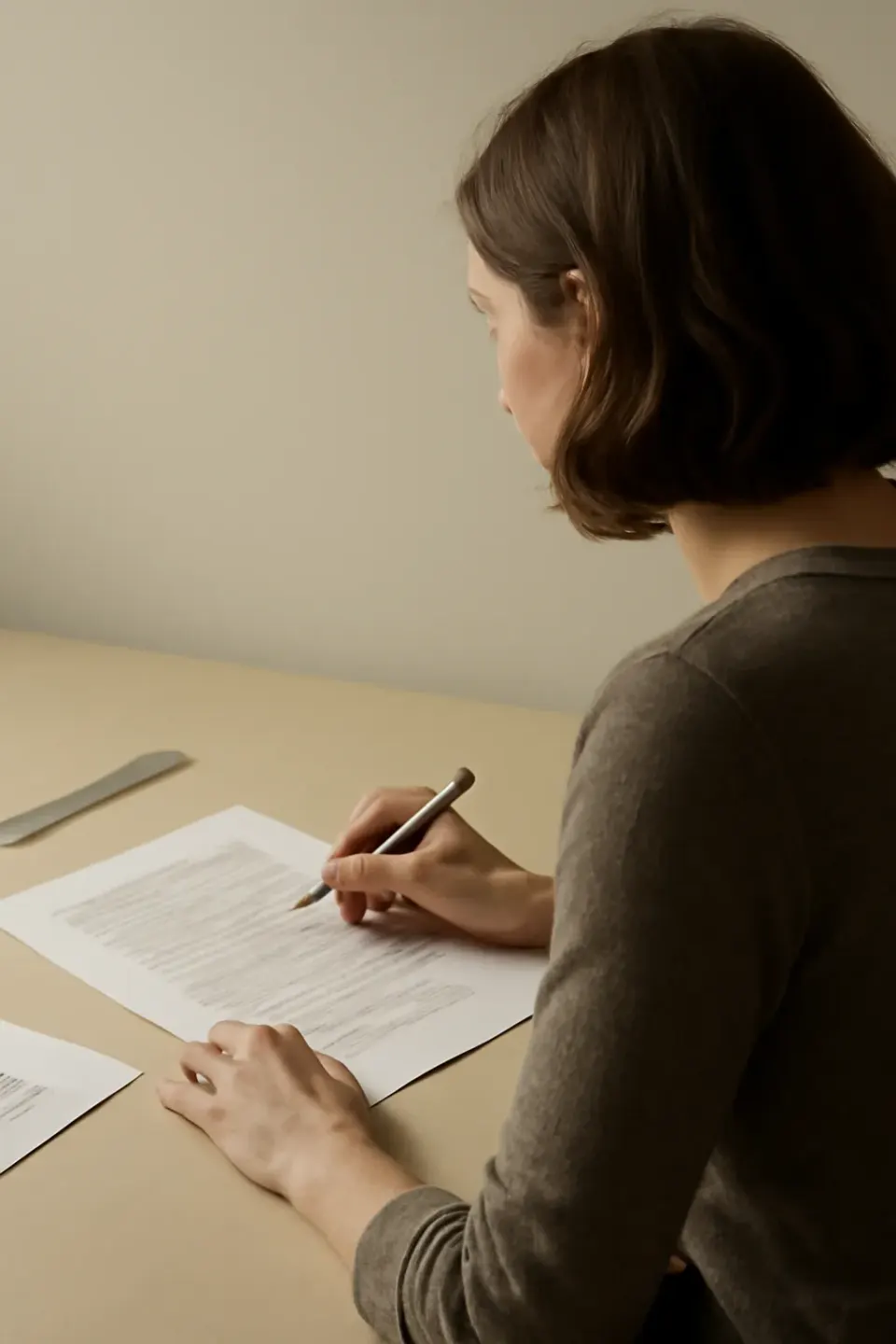 Klara Vidović, founder and lead copywriter at Today’s Copywriter, annotating a manuscript page at her desk.