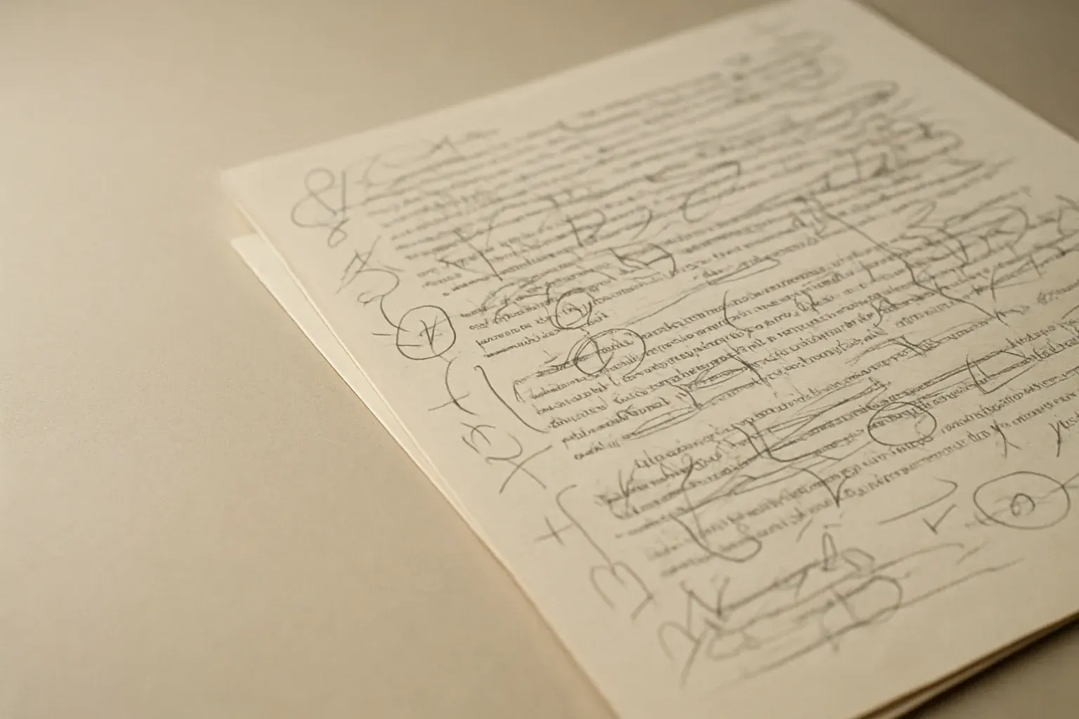 A single manuscript page covered in abstract editing marks, resting on a desk in soft window light.