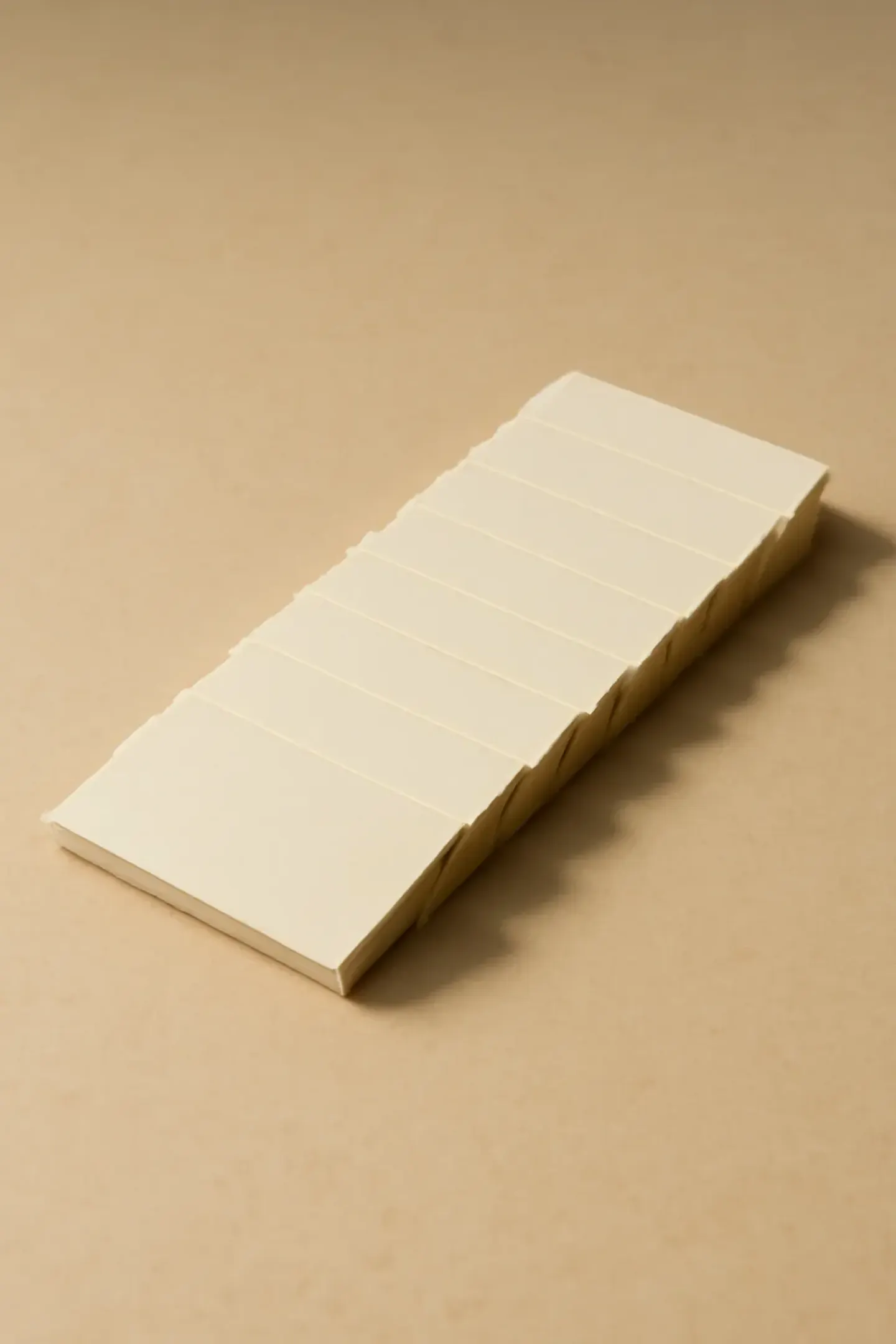 A precise row of small notched card-stock price tags laid out on a desk.