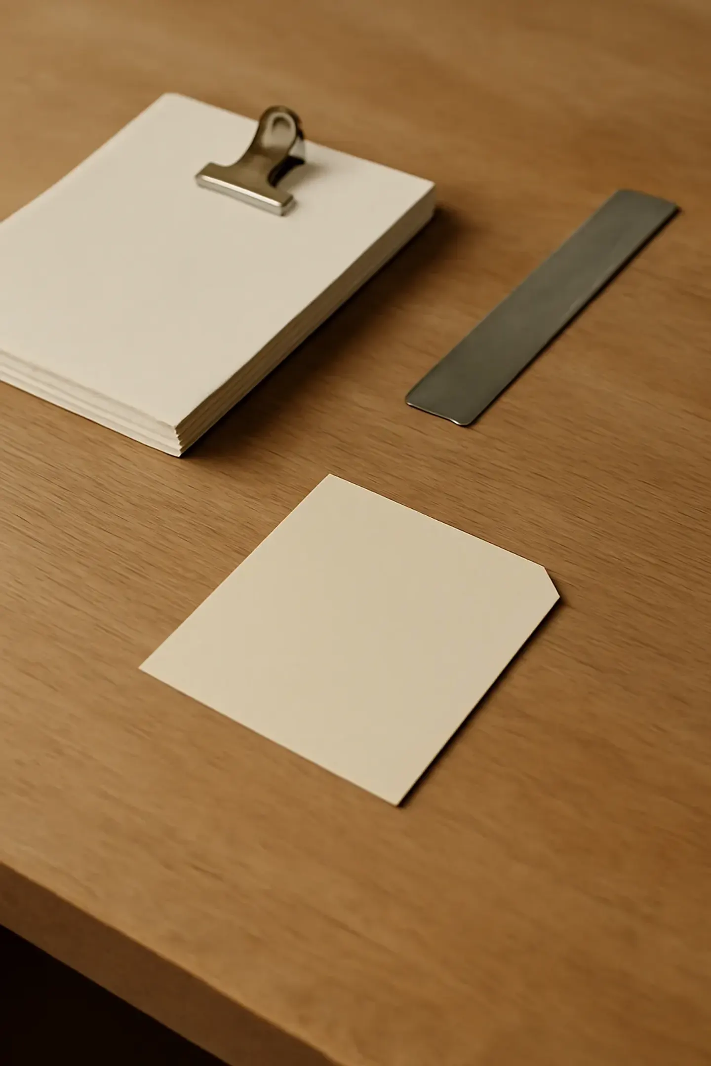 A desk with printed proofs, a straightedge, and a notched card-stock swatch at the Today’s Copywriter studio.